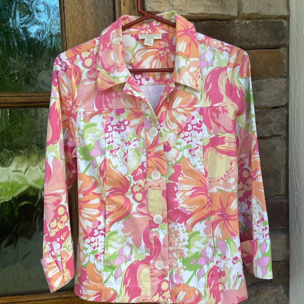 Appleseeds Women Button Up Shirt Shacket Floral PInk Yellow Green Cotton Size10P